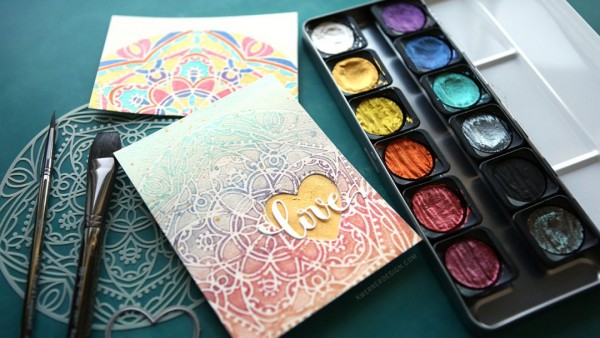 Technique: Metallic Water Coloring and Stenciled Card