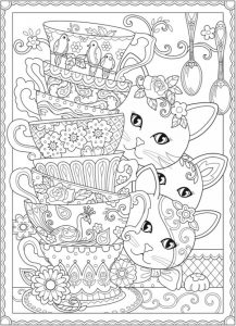 Download: Cats and Tea Cups Coloring Page