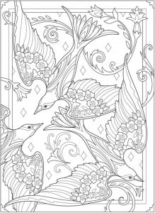 Six Birds and Blossoms Coloring Pages